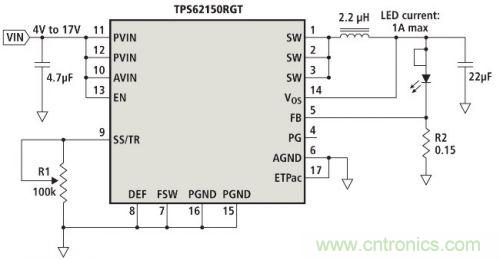 電位計R1實現(xiàn)的模擬亮度調節(jié)LED驅動器