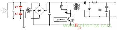 車載充電器電源電路例 (C1: AC線路濾波器用Y電容器、C2: 初級(jí)-次級(jí)耦合用電容器) 