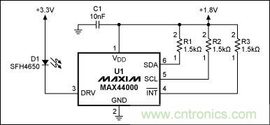 圖1：MAX44000典型電路，包括LED