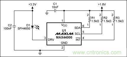 圖2：MAX44000典型電路，帶有發(fā)射器旁路