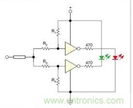 在雙門(mén)構(gòu)成的CMOS/TTL兼容探頭中，R1至R4電阻網(wǎng)絡(luò)對(duì)反相器輸入端做偏置