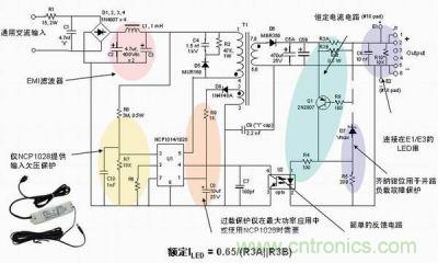 安森美半導體離線式第二代LED驅動器NCP1014/1028的應用示意圖。