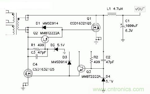 圖5 ：D2和D4限制了該同步正向驅(qū)動器中正柵極電壓