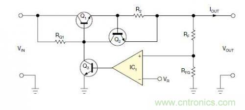 圖1：一個標準的線性穩(wěn)壓器直接將反饋連接到串聯(lián)導通晶體管上。