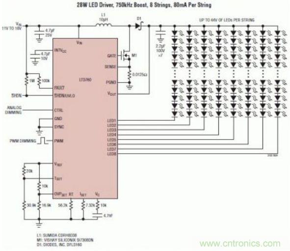 采用 LT3760、效率為 90% 的 28W LED 背光照明電路