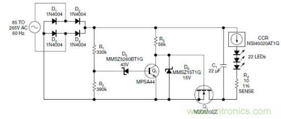 圖1：電路以恒流驅(qū)動(dòng)一串LED，可用于全世界的各種交流電壓