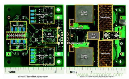 圖6：采用eGaN FET設(shè)計的48V至53V半磚PSE轉(zhuǎn)換器的頂視圖和底視圖(單位為英寸)。
