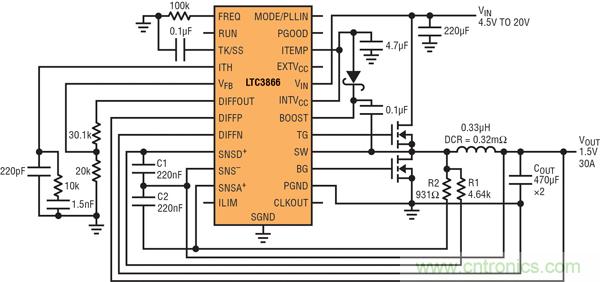 圖2：以非常低的DCR完成采樣的高效率、1.5V/30A降壓型轉(zhuǎn)換器