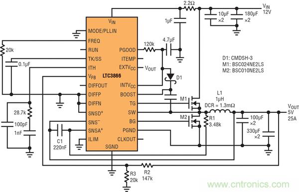 圖9：高效率電源，12V輸入至5V/25A輸出