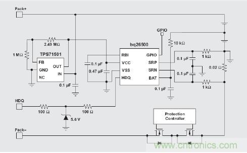 圖3 具有 bq26500 的兩節(jié)電池應(yīng)用