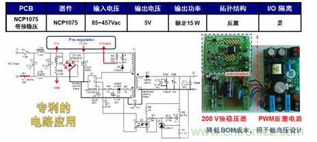 基于NCP1075開關穩(wěn)壓器和200 V預穩(wěn)壓器的極寬電壓范圍15 W參考設計。