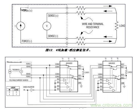 . 使用MAX4555將4線加載-感應(yīng)電路從一個(gè)源切換至兩個(gè)負(fù)載