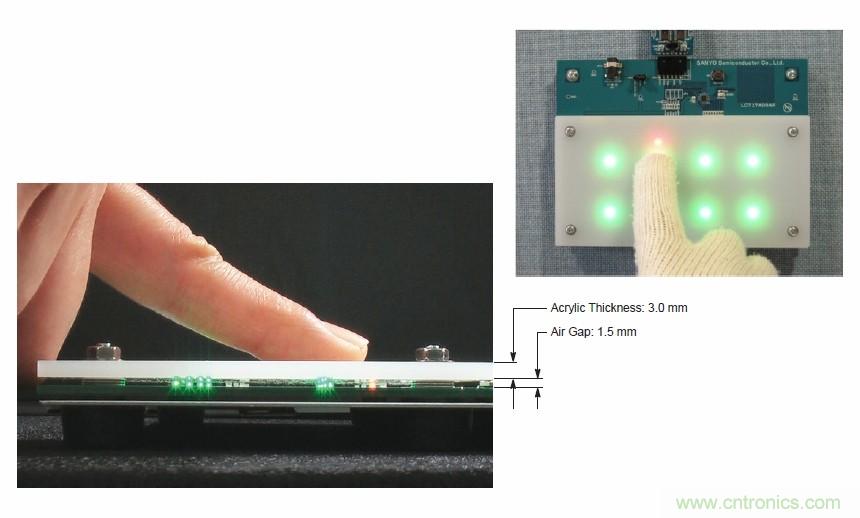 圖7. 安森美半導(dǎo)體電容式觸摸傳感器具有高度靈敏度，支持戴手套觸摸，支持含氣隙應(yīng)用