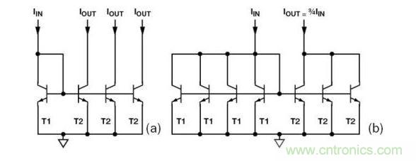 （a） 多級電流鏡 （b） 非整數(shù)比例電流鏡可將3個T2集電極結合起來，得到3IIN