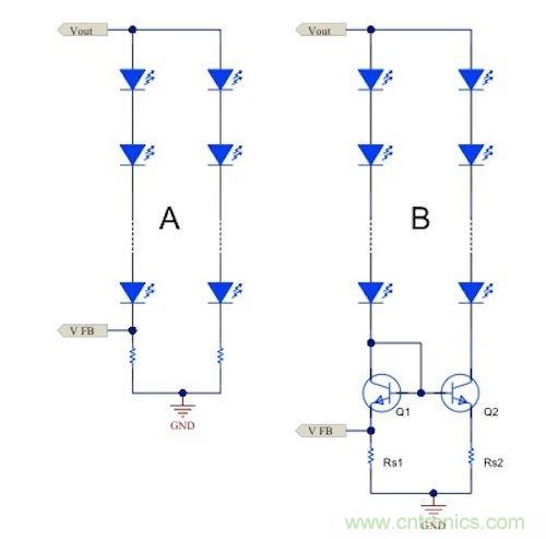 電流鏡 (B) 可針對簡單電阻器電流調(diào)節(jié) (A) 提供各種優(yōu)勢。