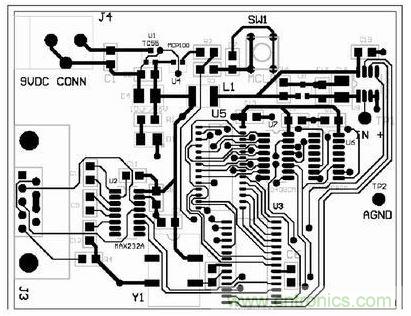 采用自動(dòng)布線為圖3所示電路原理圖設(shè)計(jì)的電路板的底層