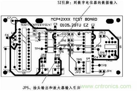 這是對(duì)圖2所示電路的第一次布線嘗試。此配置在模擬線路上產(chǎn)生不規(guī)律的噪聲，這是因?yàn)樵谔囟〝?shù)字走線上的數(shù)據(jù)輸入碼隨著數(shù)字電位器的編程需求而改變。