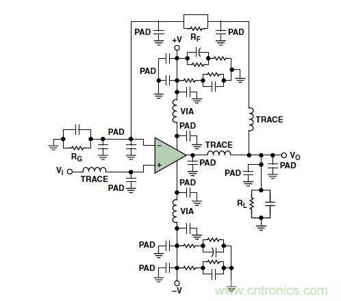 典型的運(yùn)算放大器電路，(a)原設(shè)計(jì)圖，(b)考慮寄生效應(yīng)后的圖