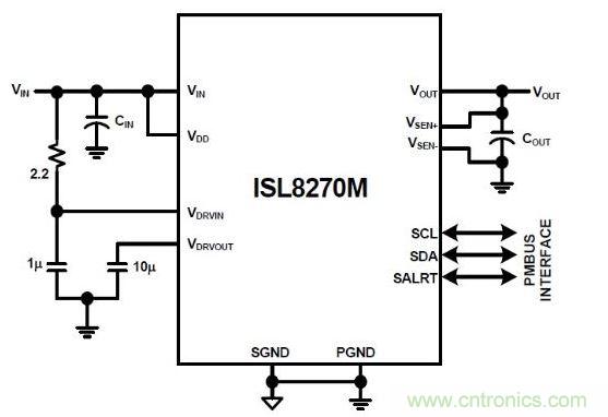 ISL8270M是完整的數(shù)字開關模式電源。通過添加輸入/輸出電容器來完成設計