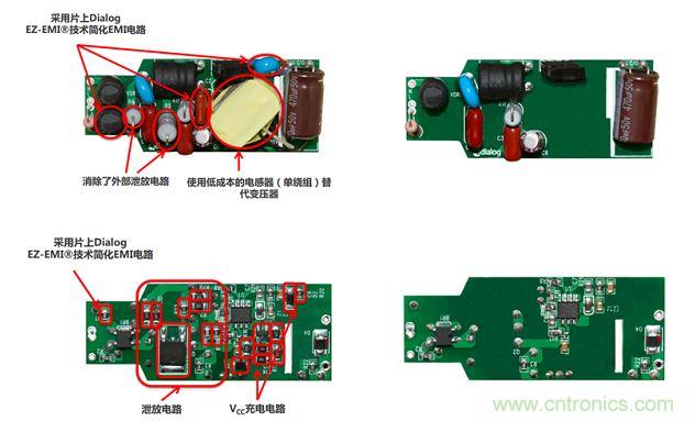 iW3688消除了20 多個(gè)外部元器件，降低BOM成本達(dá)20%~25%（左右分別為方案對(duì)比，上下為PCB正反面）