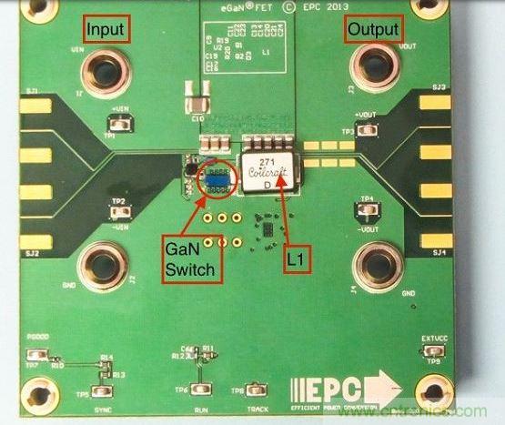 演示板用于顯示GaN的EMI。該GaN組件被圈定，我會在L1左側(cè)測量切換的波形。