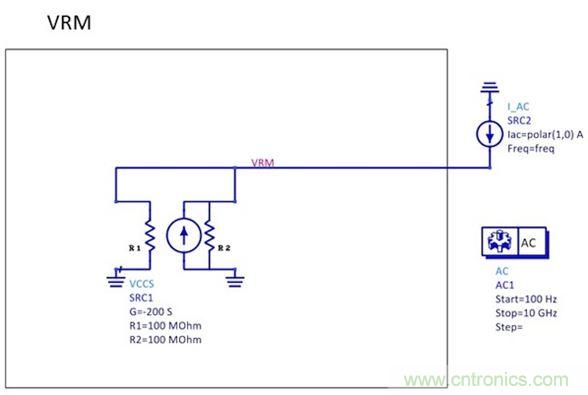 圖1:70A/V的跨導(dǎo)源與負反饋連接在一起(注意SRC1中的負號)。SRC2是一種交流信號，用于監(jiān)視與頻率有關(guān)的輸出阻抗。