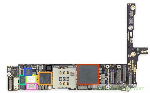 iPhone 6 Plus主板采用1GB RAM的蘋(píng)果A8 SoC作為核心部件。（來(lái)源：iFixit）