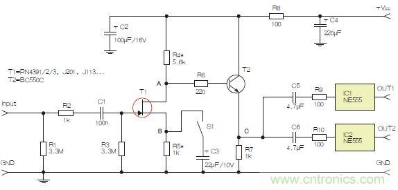 圖3：采用兩個工作在不同頻率下的555定時器電路，以獲取不同的音效。