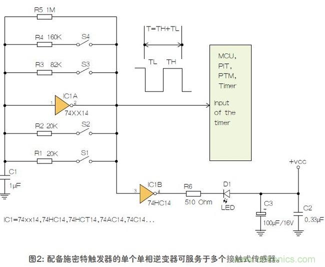 如何用單個(gè)施密特觸發(fā)器測(cè)量?jī)蓚€(gè)電阻式傳感器或多個(gè)開(kāi)關(guān)？