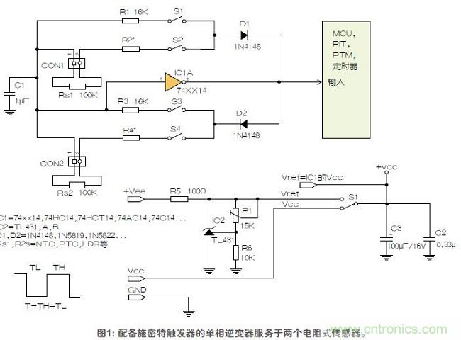 如何用單個(gè)施密特觸發(fā)器測(cè)量?jī)蓚€(gè)電阻式傳感器或多個(gè)開(kāi)關(guān)？