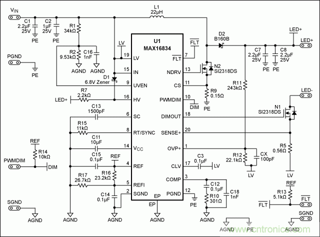 采用MAX16834設(shè)計(jì)buck-boost LED驅(qū)動(dòng)器