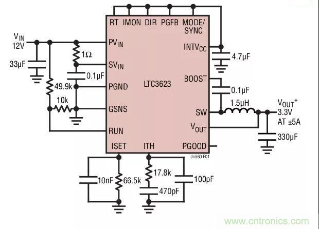 高效率、15V 軌至軌輸出同步降壓型穩(wěn)壓器能提供或吸收 5A