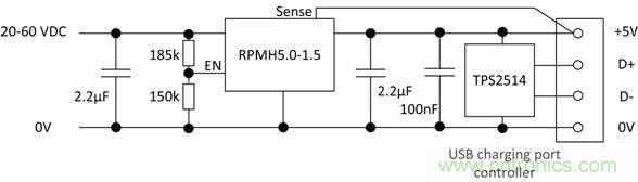 使用RECOM DC／DC轉換器作為USB充電器